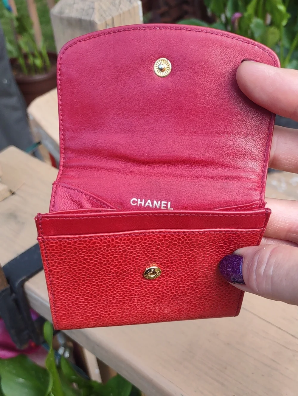 CHANEL Red Quilted CC Embossed Leather Coin Wallet.